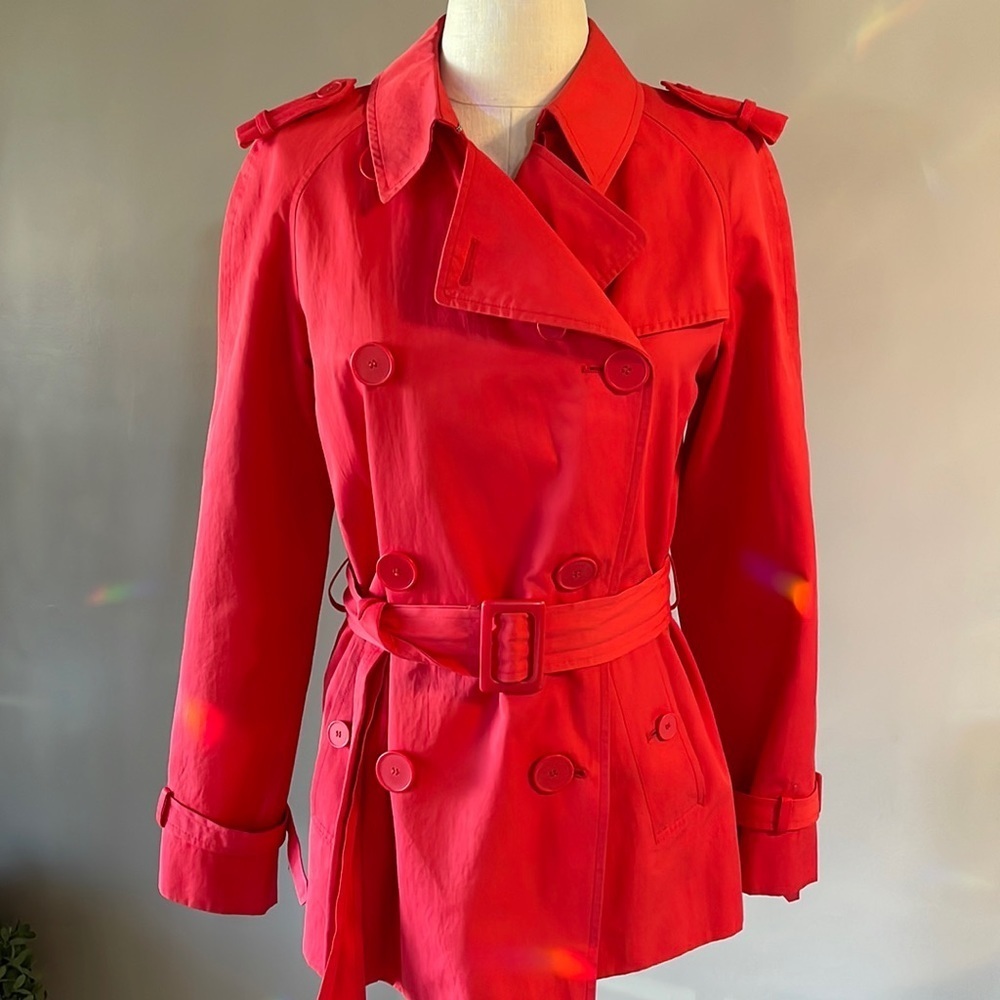 Hilary Radley double breasted lined Trench Coat thigh length orange red size 2
